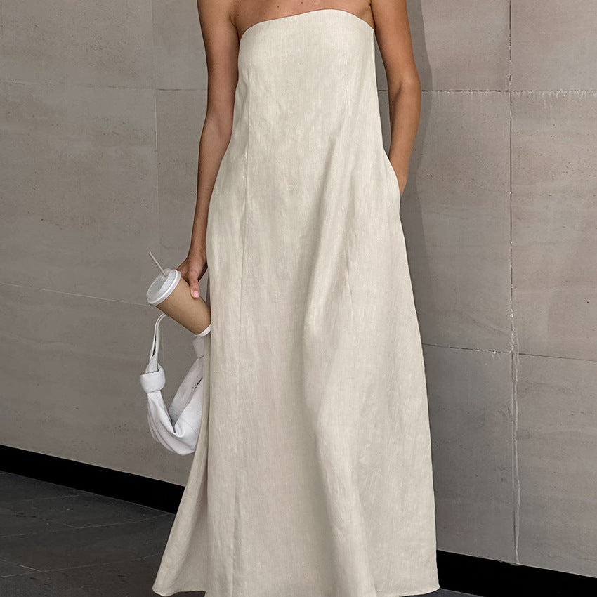 French Faux Linen Backless Maxi Dress - York & Dante 