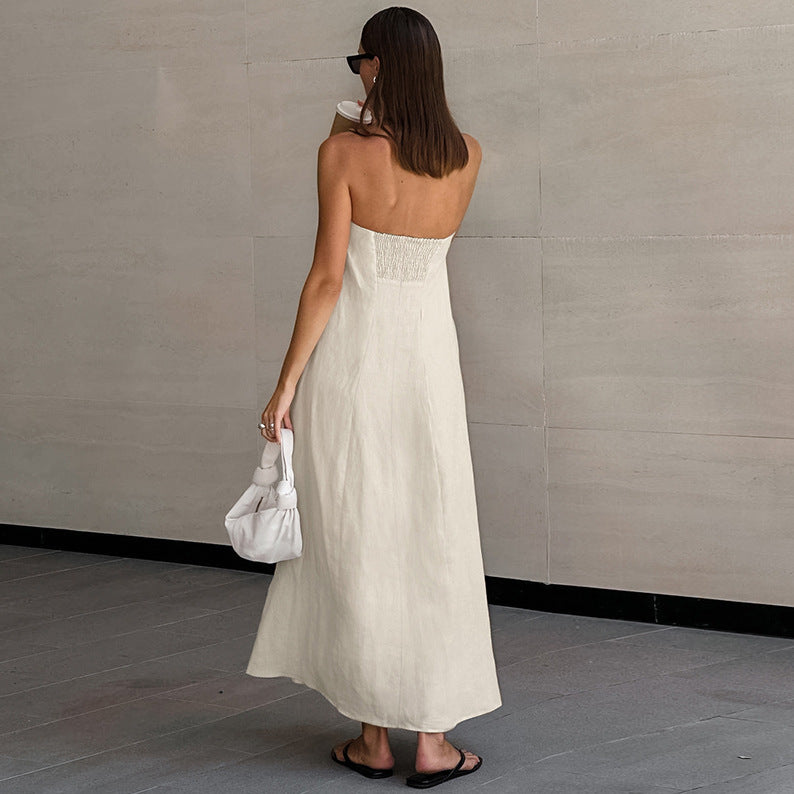 French Faux Linen Backless Maxi Dress - York & Dante 