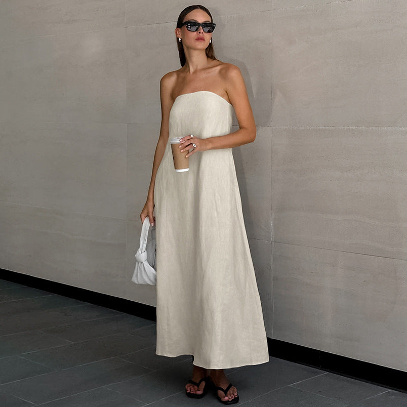 French Faux Linen Backless Maxi Dress - York & Dante 