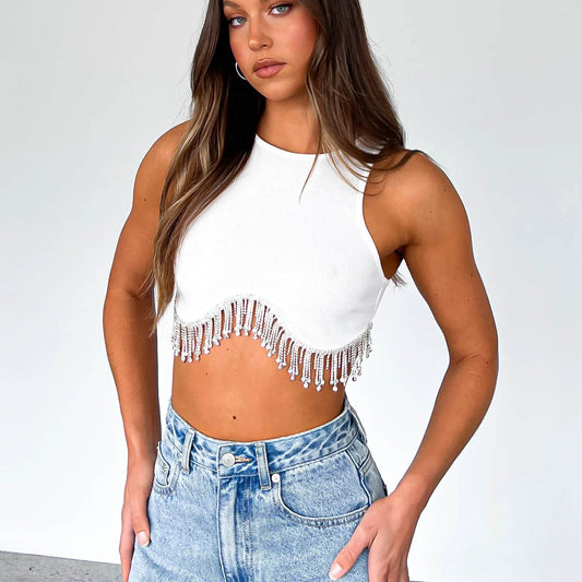 Rhinestone Cropped Sleeveless Top - York & Dante 